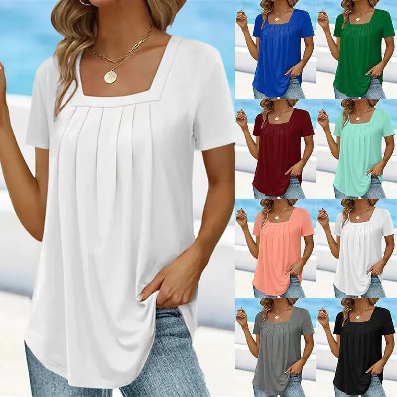 T-shirt Plissé à Manches Courtes et Col Carré pour Femme