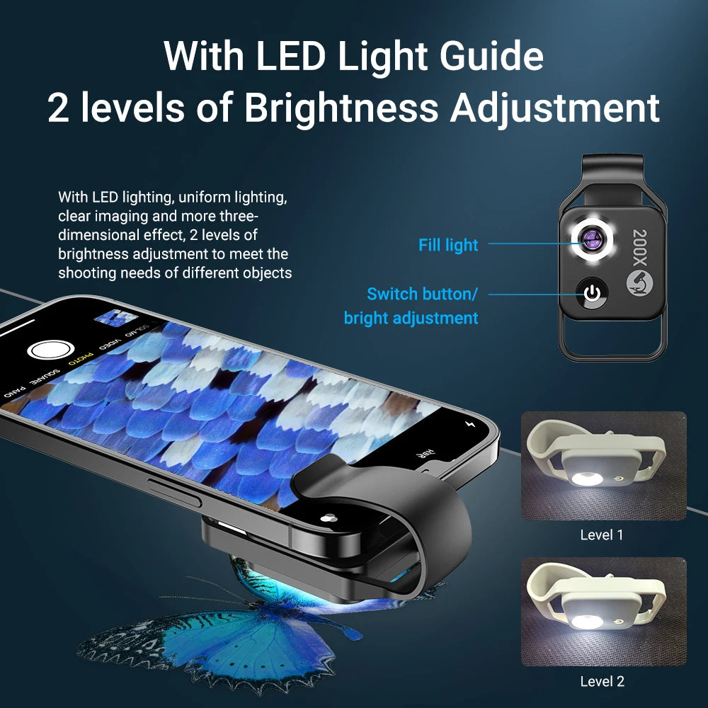 Objectif de microscope numérique 200X avec LED pour smartphone