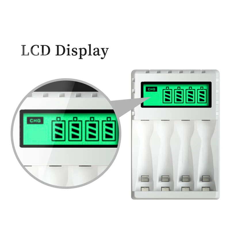 Chargeur de piles intelligent avec Ecran LCD indicateur de niveau - 4 Emplacements