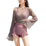 Maillot de Bain 3PC Shorty à Volant avec Top en Maille