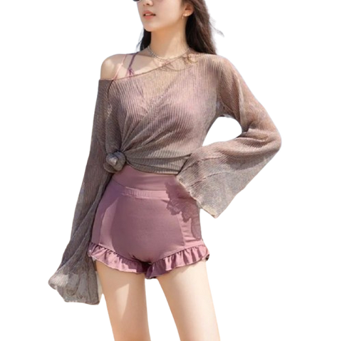 Maillot de Bain 3PC Shorty à Volant avec Top en Maille