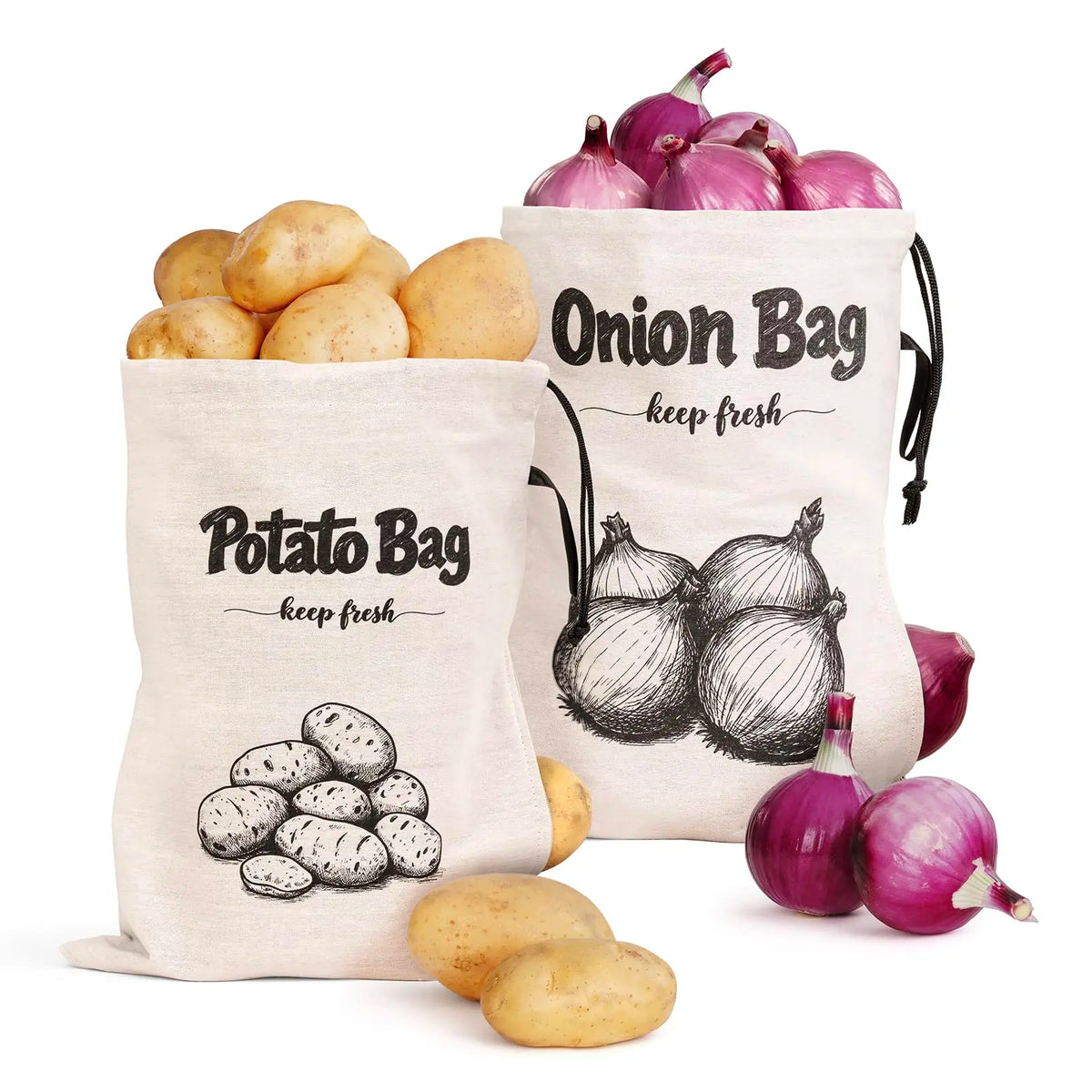 Sac de Conservation pour Légumes Réutilisable – Pour Pommes de Terre, Oignons & Ail – En Toile avec Cordon & Fermeture Éclair