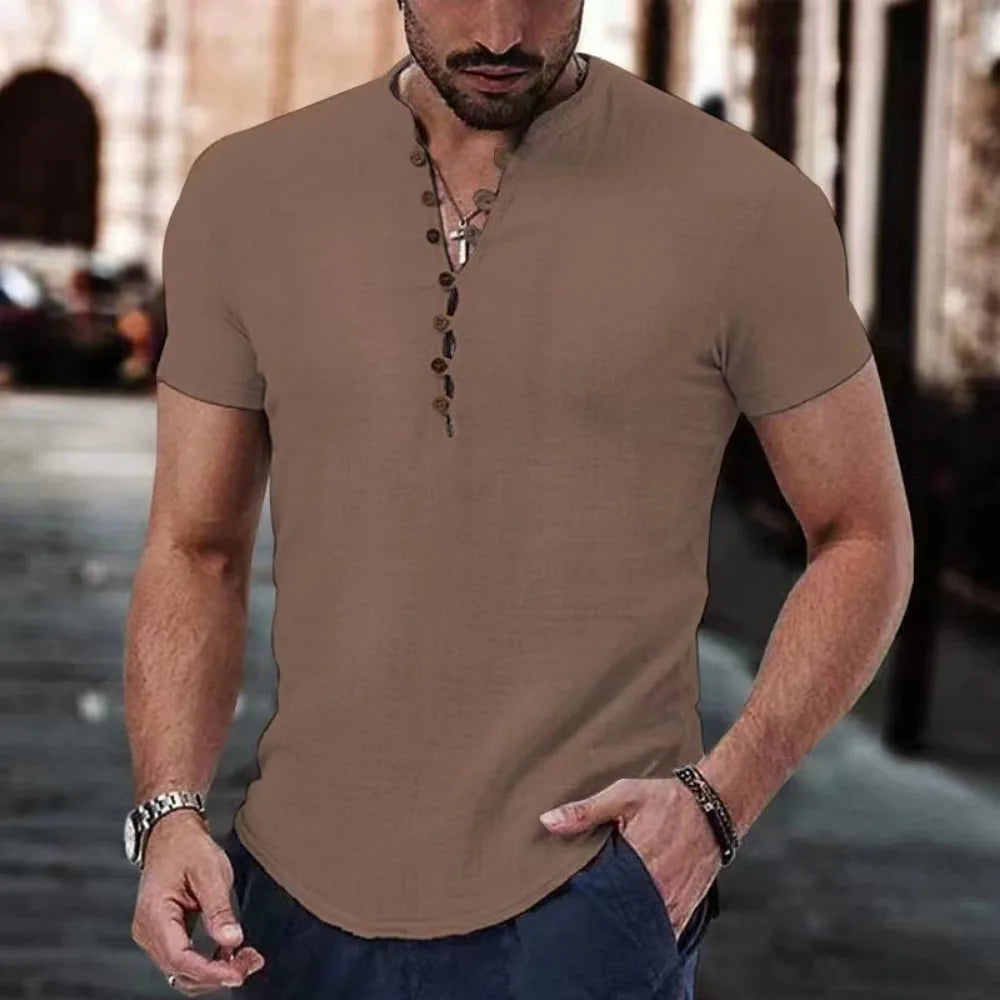T-shirt vintage manches courtes et col en V coton et lin
