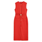 Robe de Bureau Mi-Longue Sans Manche - Détails Boutons & Ceinture Bijoux