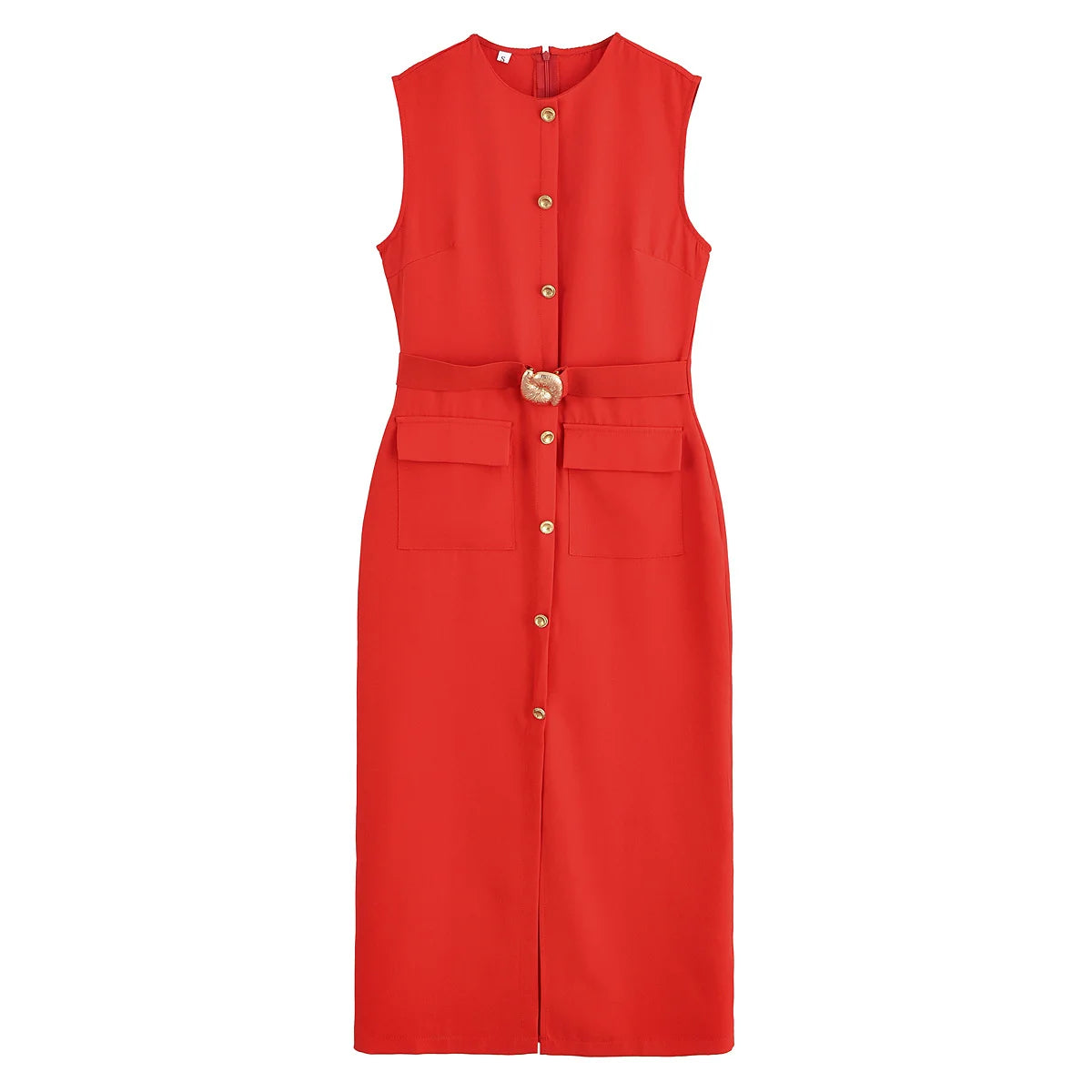 Robe de Bureau Mi-Longue Sans Manche - Détails Boutons & Ceinture Bijoux