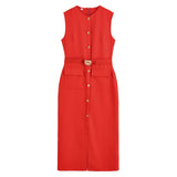 Robe de Bureau Mi-Longue Sans Manche - Détails Boutons & Ceinture Bijoux