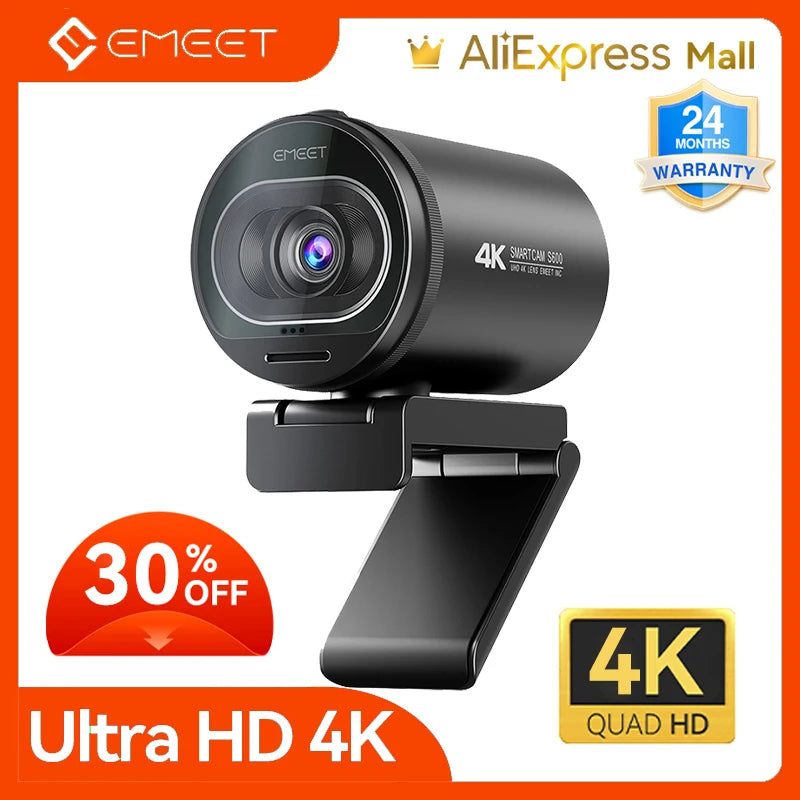 Webcam 4K 1080P 60FPS USB Clipsable - Duo Micros, Autofocus