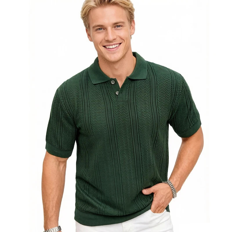 Men's short-sleeved polo shirt in lightweight knit — button-down collar