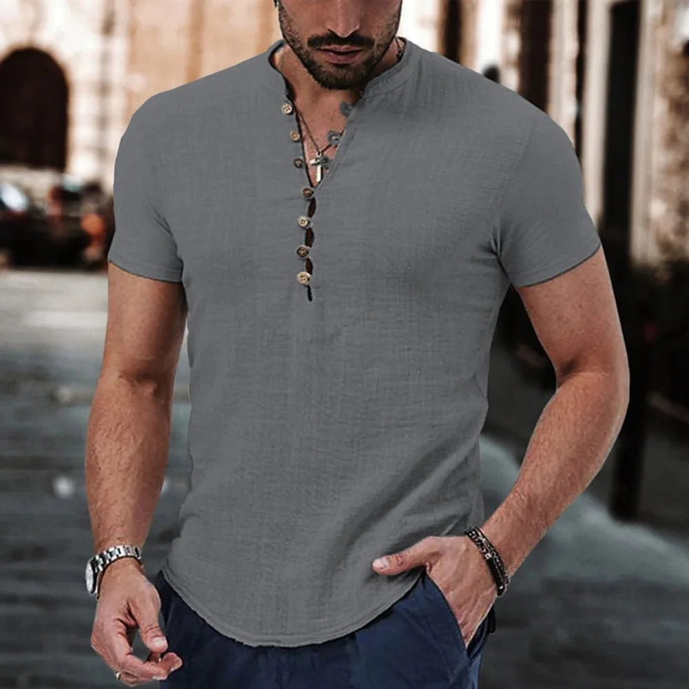 T-shirt vintage manches courtes et col en V coton et lin