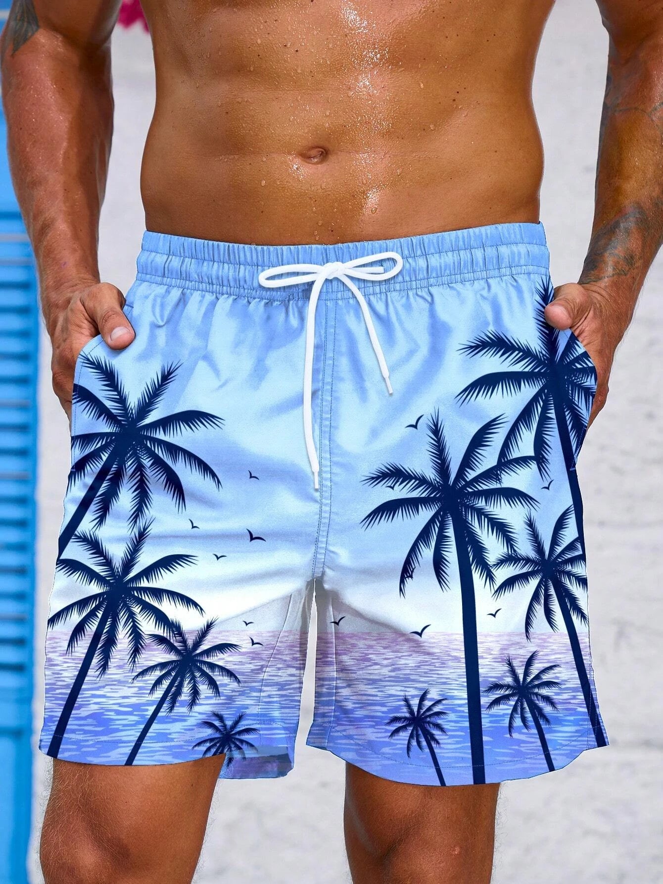 Short de Bain à Cordon et Imprimé Palmier Tropical
