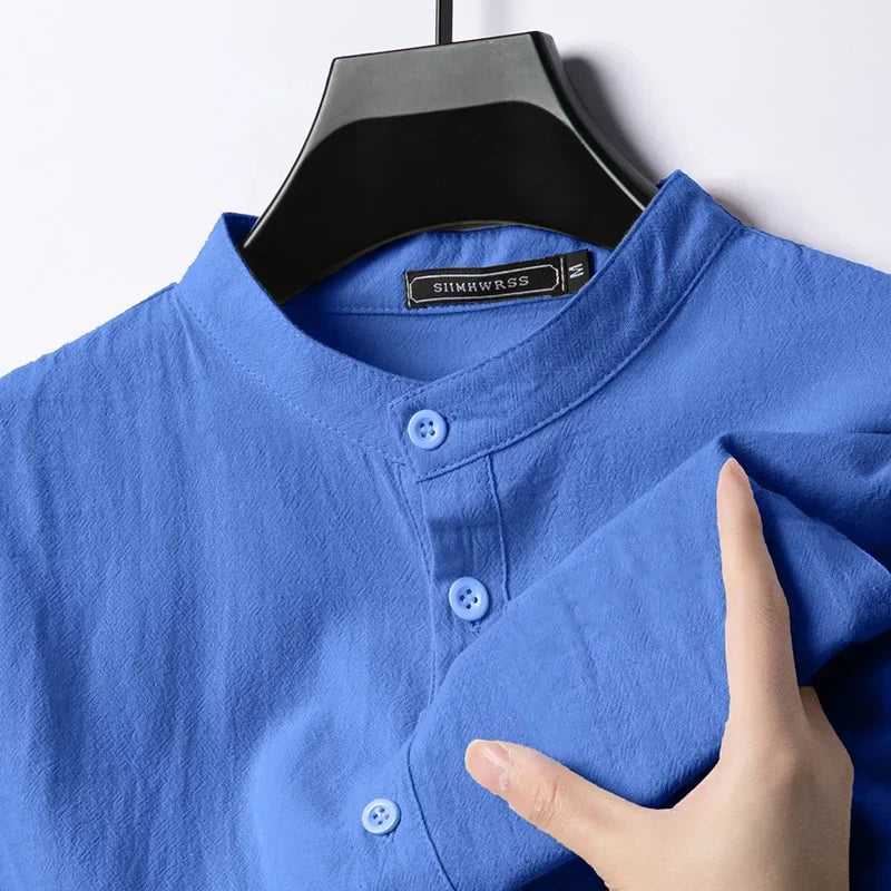 Chemise Henley Homme en Coton & Lin – Manches Longues, Légère et Respirante, Style Décontracté