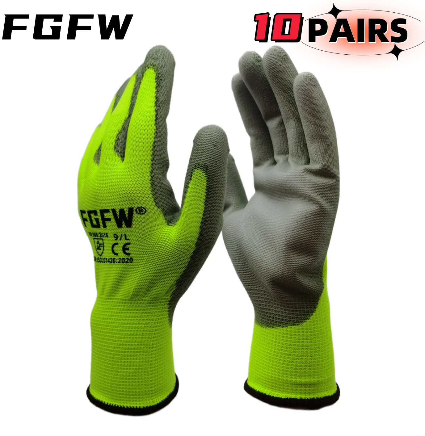 10 Paires de Gants de Travail de Sécurité Enduits en PU - Certifiés EN 388