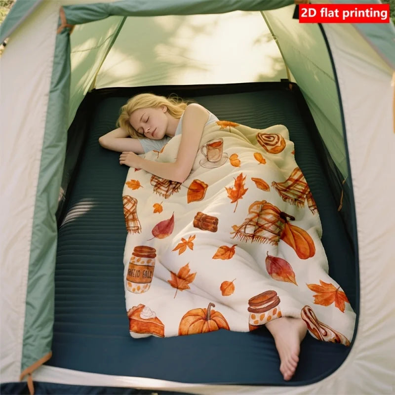 Plaid en Flanelle Douce Motif Automnal – Citrouilles et Feuilles d’Érable