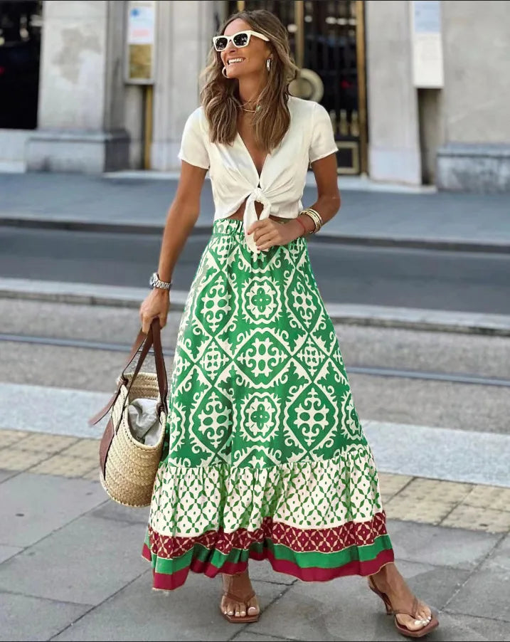Jupe Longue à Taille Élastique et à Volant à Motifs Ethniques