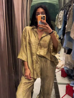 Ensemble léger chemise oversize et pantalon fluide - Motif Feuille