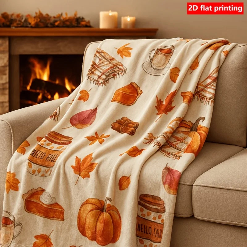 Plaid en Flanelle Douce Motif Automnal – Citrouilles et Feuilles d’Érable