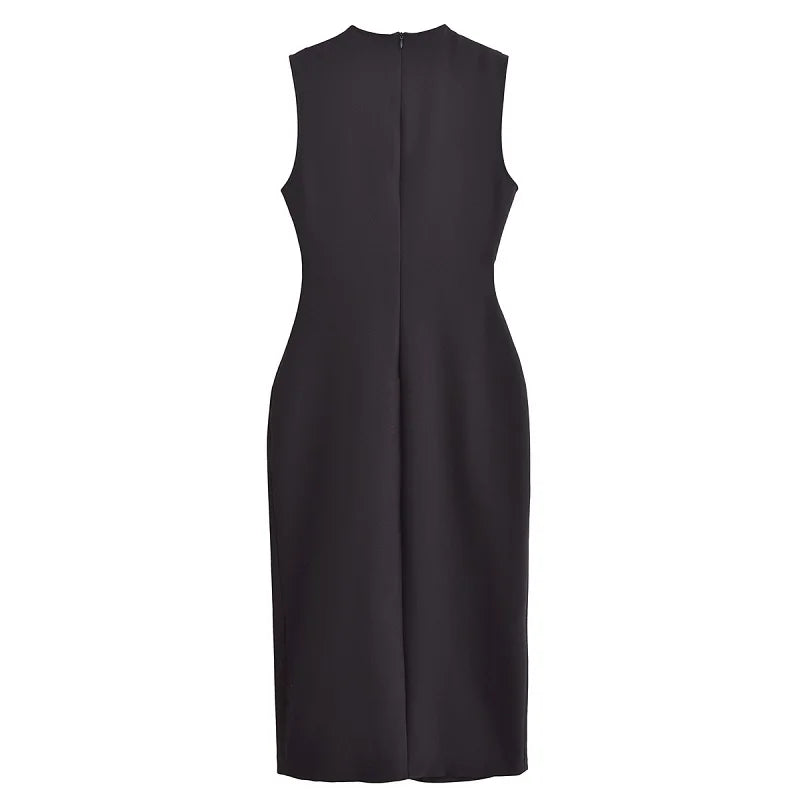 Robe de Bureau Mi-Longue Sans Manche - Détails Boutons & Ceinture Bijoux