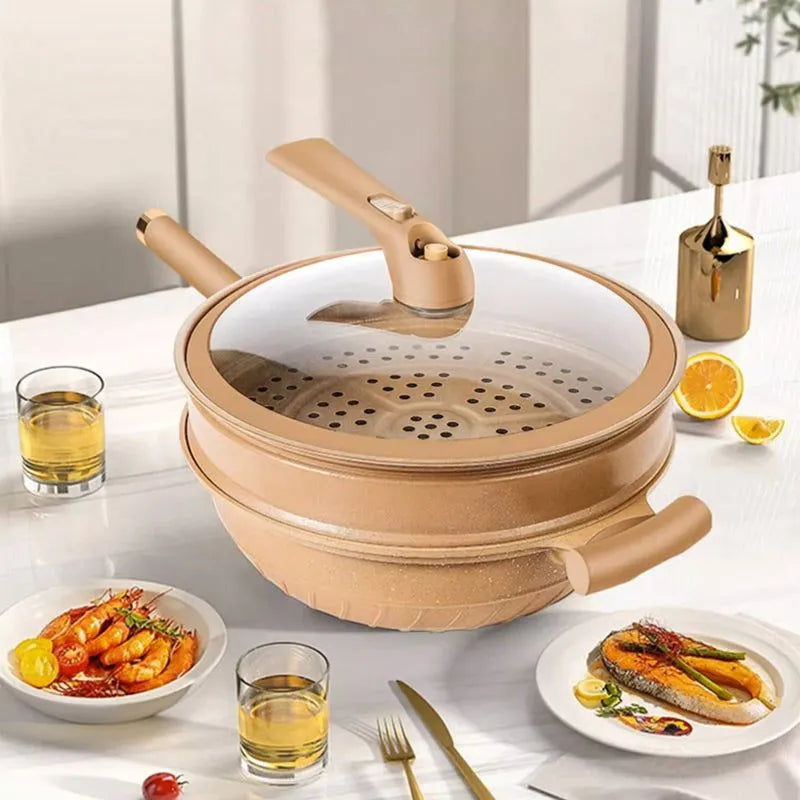 Wok en argile antiadhésif avec panier vapeur