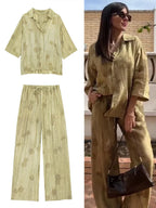 Ensemble léger chemise oversize et pantalon fluide - Motif Feuille
