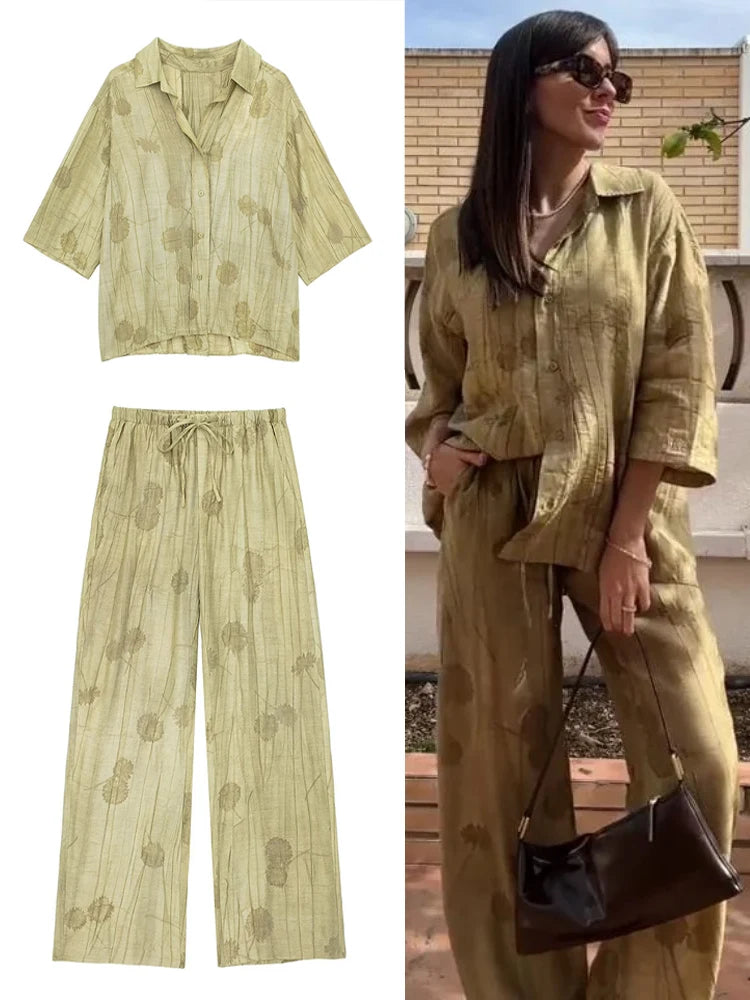 Ensemble léger chemise oversize et pantalon fluide - Motif Feuille