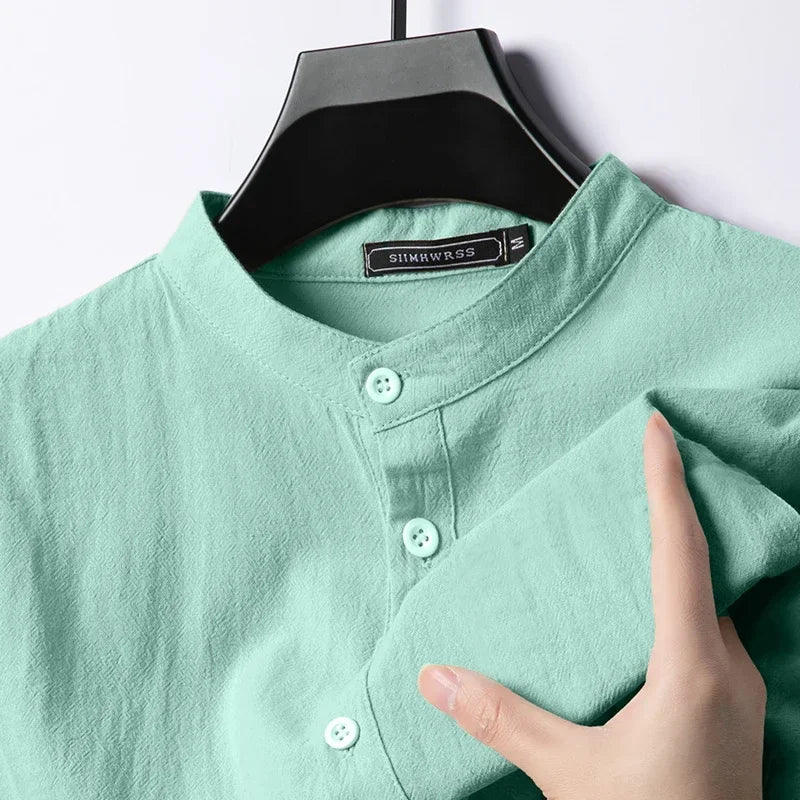 Chemise Henley Homme en Coton & Lin – Manches Longues, Légère et Respirante, Style Décontracté