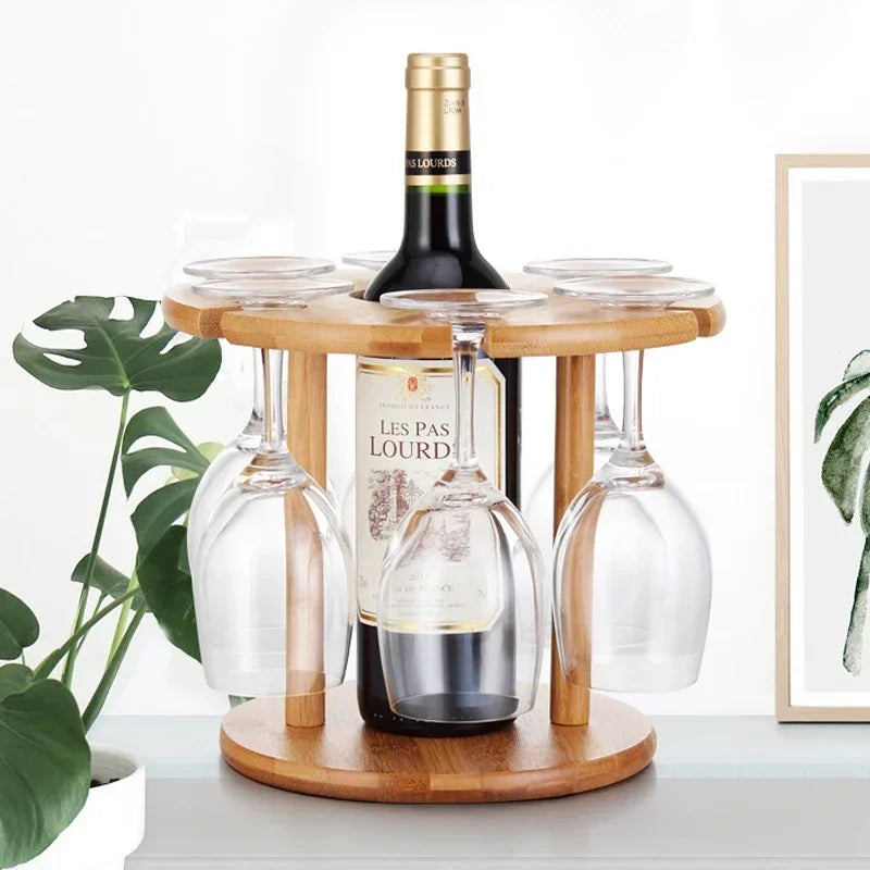 Support pour bouteille de vin et 6 verres à vin en bambou