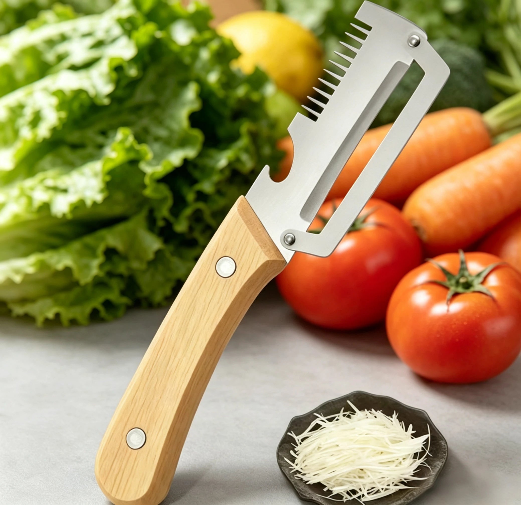 Lot de 3 Éplucheurs 4-en-1 en Acier Inox & Manche en Bois – Épluche, Coupe en Julienne, Tranche et Décapsule