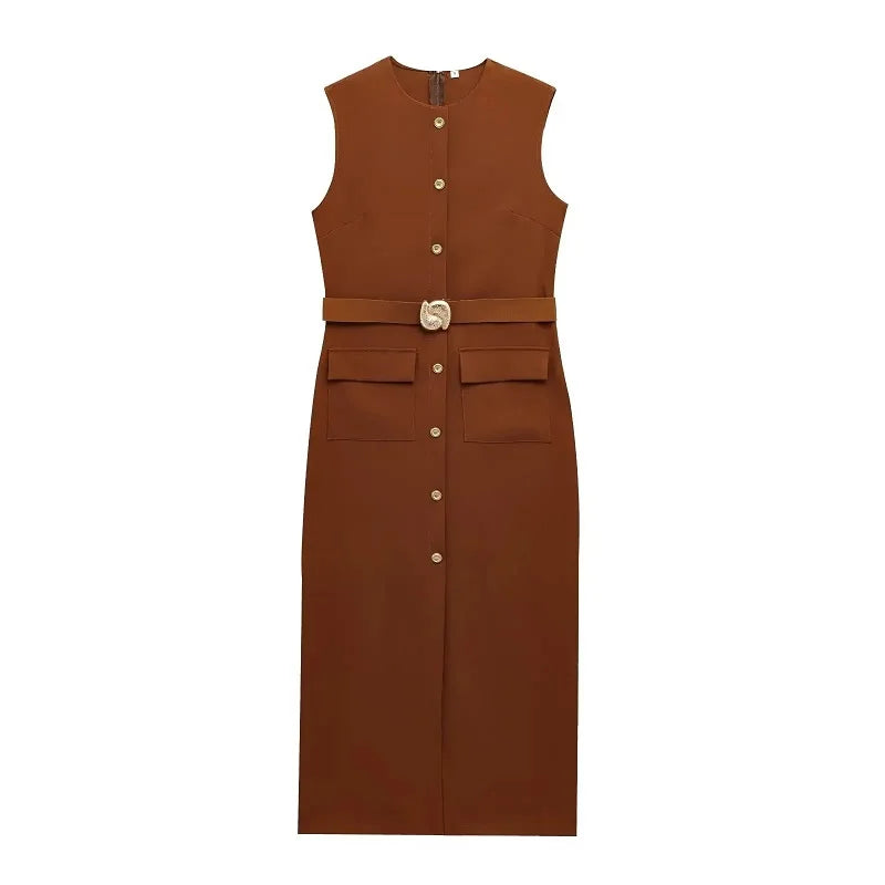 Robe de Bureau Mi-Longue Sans Manche - Détails Boutons & Ceinture Bijoux