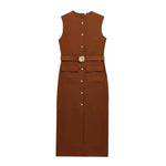 Robe de Bureau Mi-Longue Sans Manche - Détails Boutons & Ceinture Bijoux