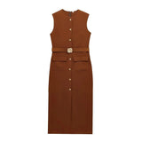 Robe de Bureau Mi-Longue Sans Manche - Détails Boutons & Ceinture Bijoux