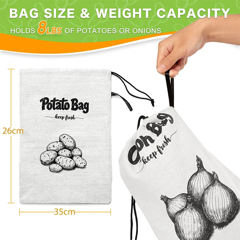Sac de Conservation pour Légumes Réutilisable – Pour Pommes de Terre, Oignons & Ail – En Toile avec Cordon & Fermeture Éclair
