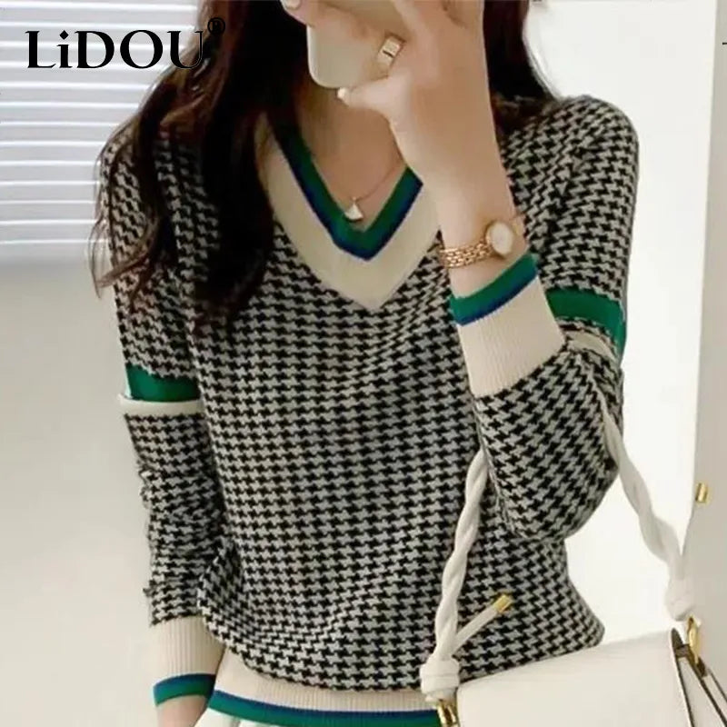 Pull Col V Motif Pied de Poule