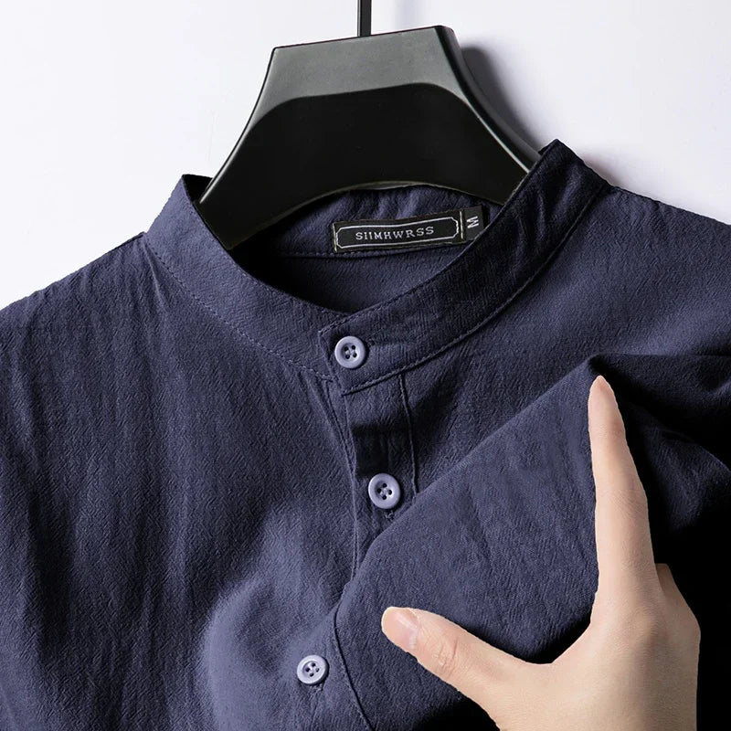 Chemise Henley Homme en Coton & Lin – Manches Longues, Légère et Respirante, Style Décontracté