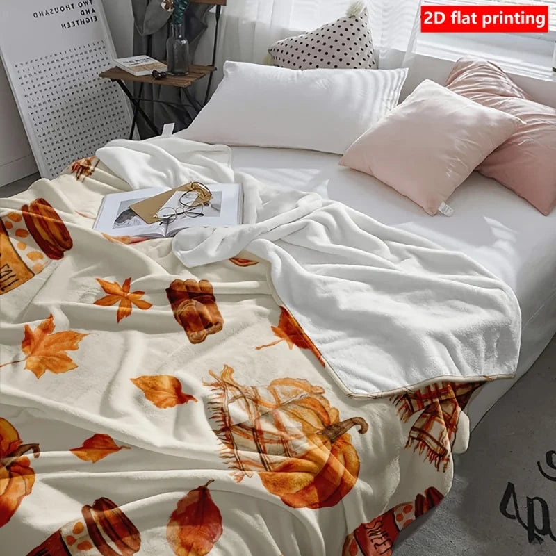 Plaid en Flanelle Douce Motif Automnal – Citrouilles et Feuilles d’Érable
