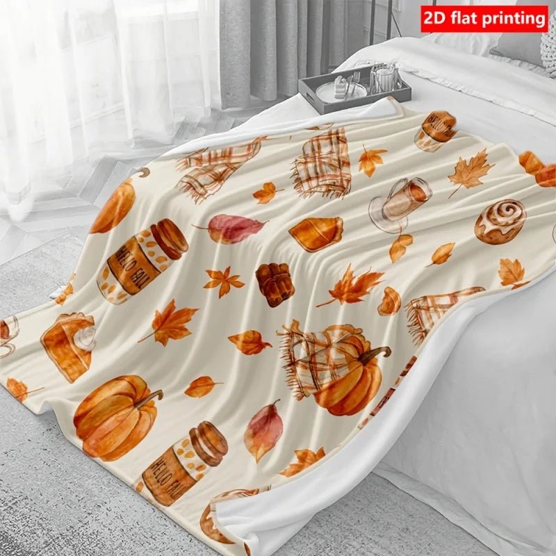 Plaid en Flanelle Douce Motif Automnal – Citrouilles et Feuilles d’Érable