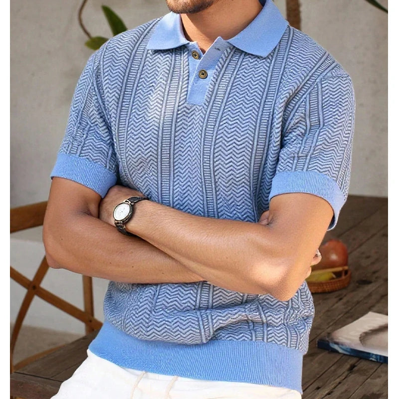 Men's short-sleeved polo shirt in lightweight knit — button-down collar