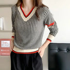 Pull Col V Motif Pied de Poule