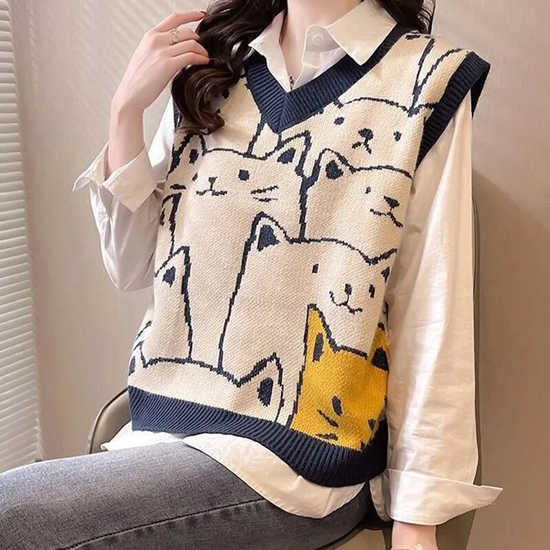 Pull en tricot sans manches Col V - Imprimé chat