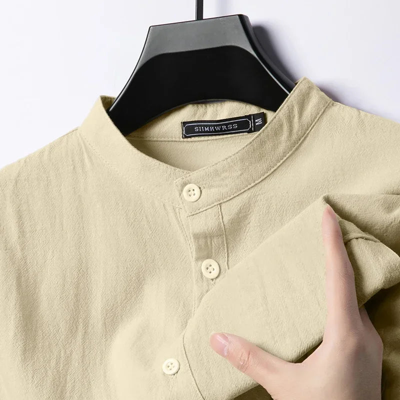 Chemise Henley Homme en Coton & Lin – Manches Longues, Légère et Respirante, Style Décontracté