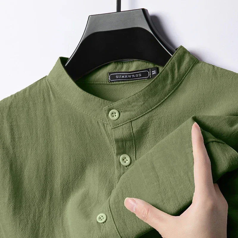 Chemise Henley Homme en Coton & Lin – Manches Longues, Légère et Respirante, Style Décontracté