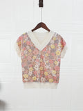 Pull chic à col en V sans manches pour femme - Motif paillettes et fleurs