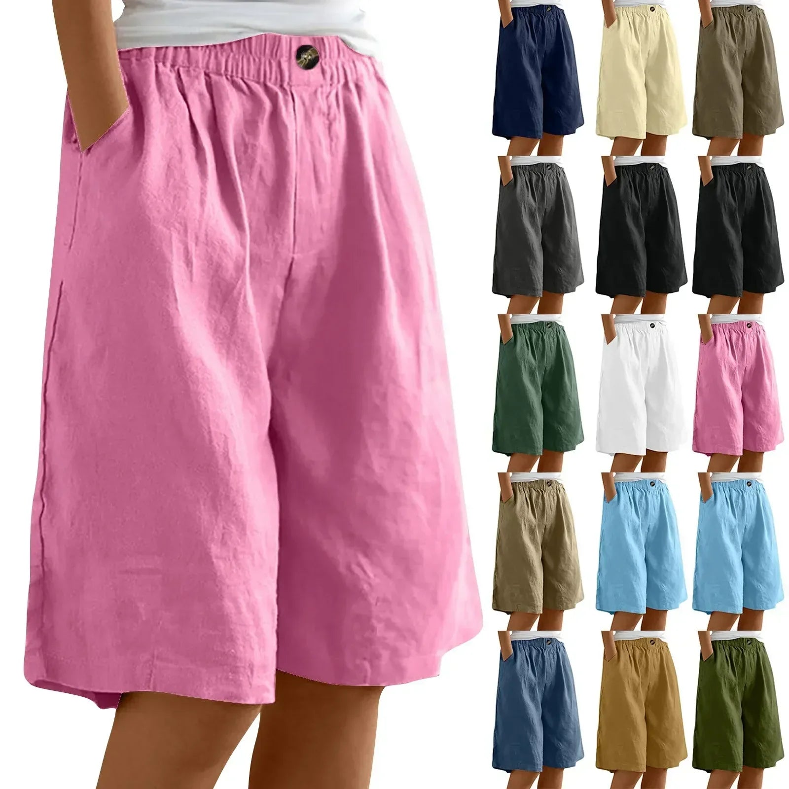 Short Long Femme Coton & Lin Taille Élastique