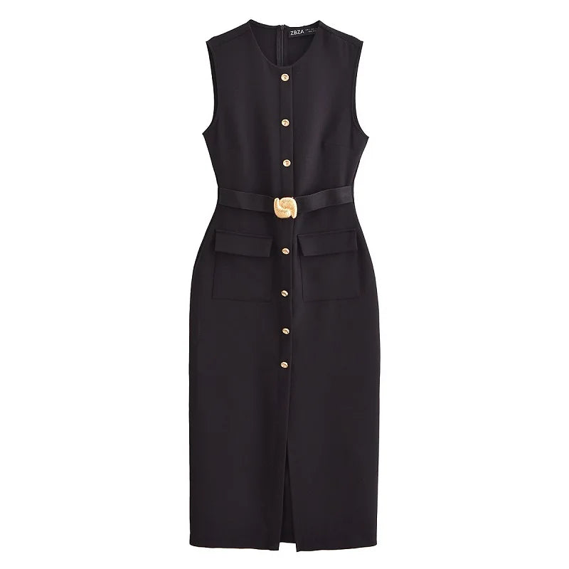 Robe de Bureau Mi-Longue Sans Manche - Détails Boutons & Ceinture Bijoux