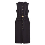 Robe de Bureau Mi-Longue Sans Manche - Détails Boutons & Ceinture Bijoux