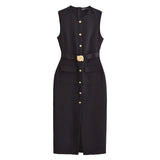 Robe de Bureau Mi-Longue Sans Manche - Détails Boutons & Ceinture Bijoux
