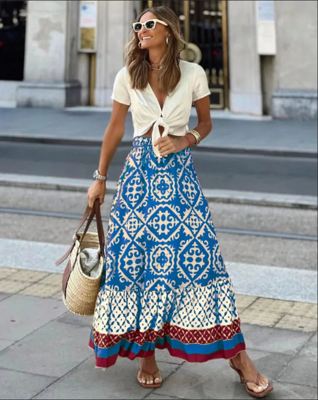 Jupe Longue à Taille Élastique et à Volant à Motifs Ethniques