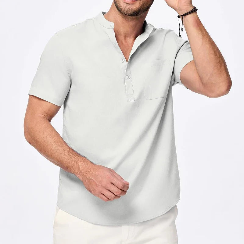 T-shirt Style Chemise à Col Mao avec Poche