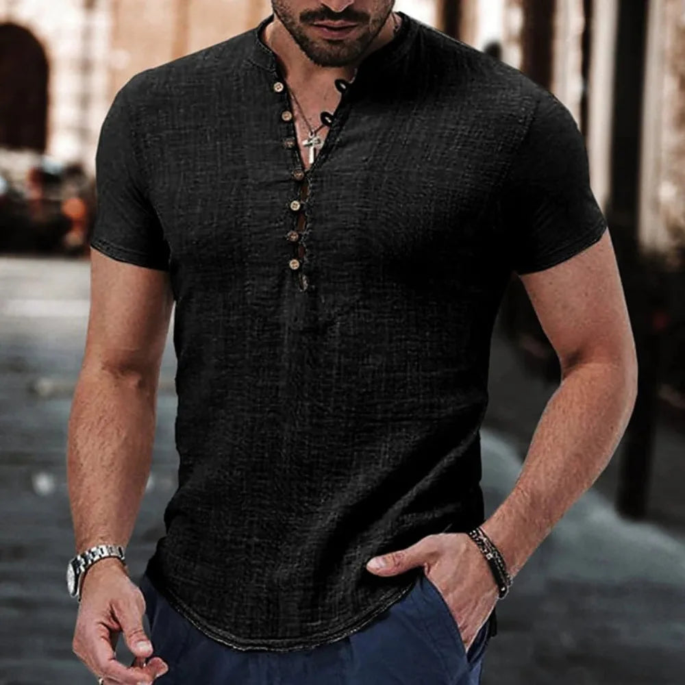 T-shirt vintage manches courtes et col en V coton et lin