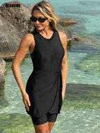 Maillot de Bain 1PC Combi Pantacourt Sans Manches - Fermeture Éclair et Jupe à Nouer