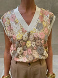 Pull chic à col en V sans manches pour femme - Motif paillettes et fleurs